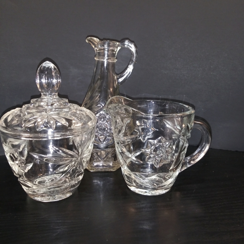 Anchor Hocking EAPG Star of David Creamer Sugar With Lid And Cruet